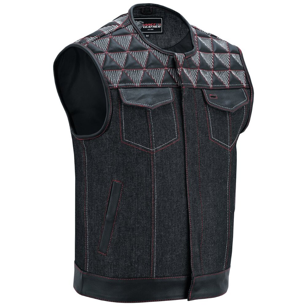 Men's Denim & Leather Motorcycle Vest Red & White Stitching SOA Biker Club